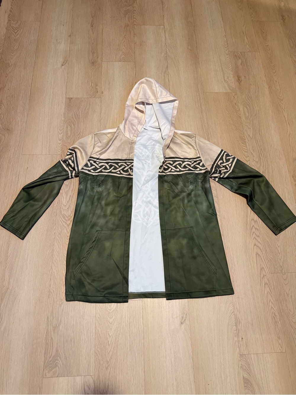 Hooded Two-Tone Green & Cream Coat with Celtic Trim